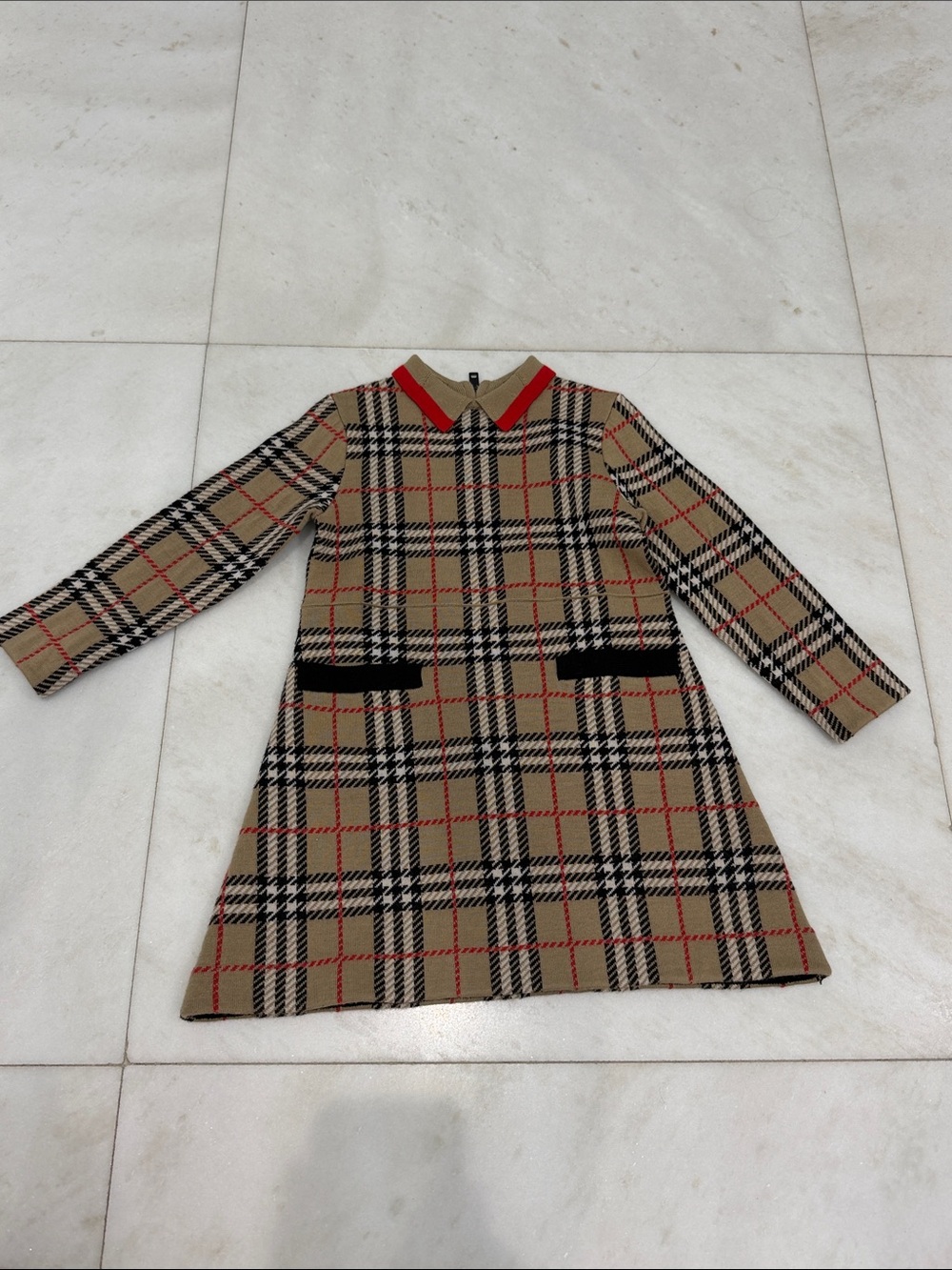 Burberry Plaid A-Line Dress with Red Trim Collar